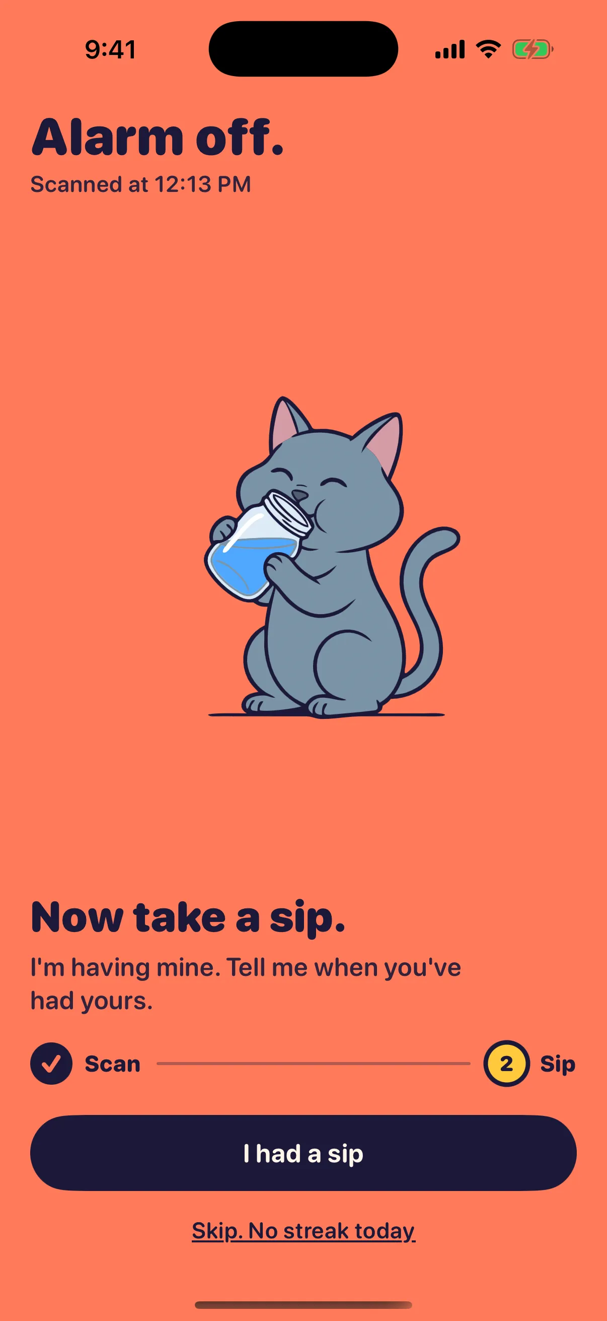 The Sleepy Sip screen after scanning the water code: “Alarm off.” Gus Gus drinks from his jar and says “Now take a sip.”
